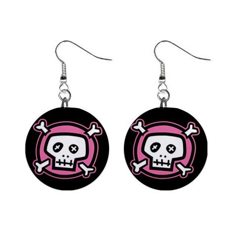 New Pink Skull and Bones Goth 1" Round Button Dangle Earrings Jewelry 13081447