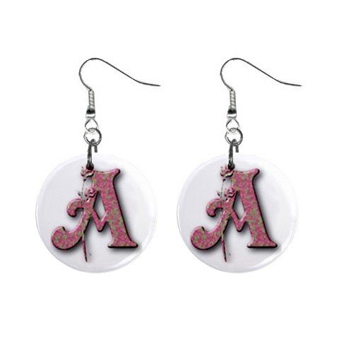Rose Design Monogram Initial 1" Round Button Dangle Earrings Jewelry