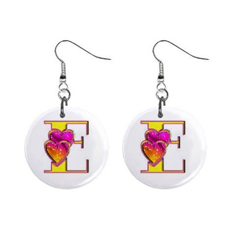 2 Hearts Design Monogram Initial 1" Round Button Dangle Earrings Jewelry