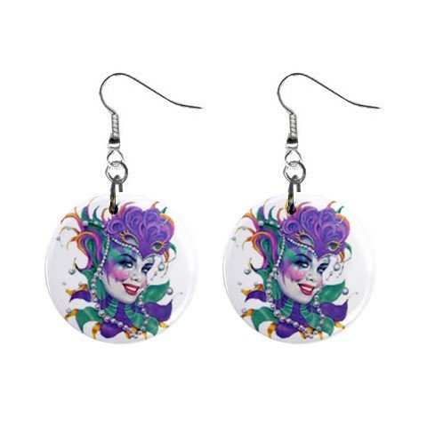 MARDI GRAS Jester 1" Round Dangle Button Earrings NEW 13534585