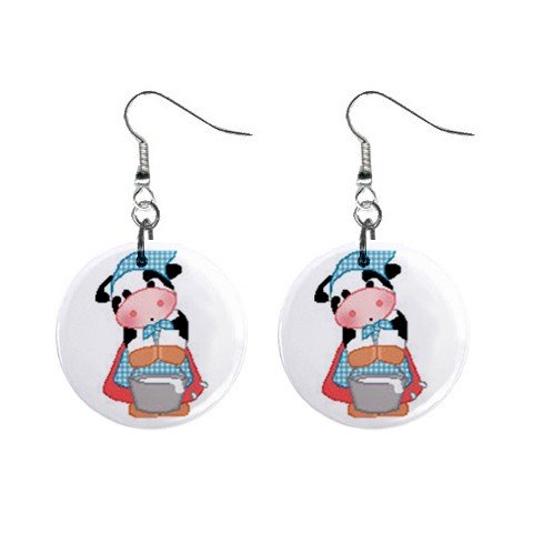 Cow Maid Servant Dangle Buttons Earrings Jewelry 1 inch Round 13688957