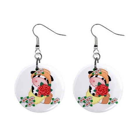 Cow with Flowers Dangle Button Earrings Jewelry 1 inch Round 13688961