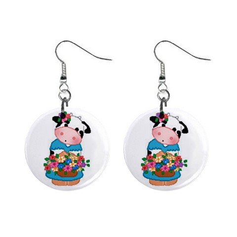Cow with Basket of Flowers Dangle Button Earrings Jewelry 1 inch Round 13688965