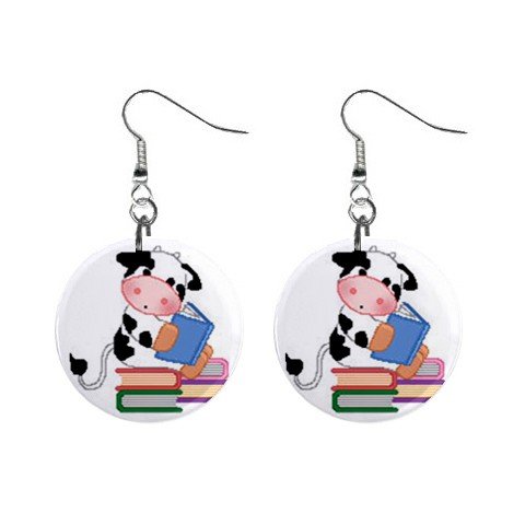 Book Reading Cow Dangle Button Earrings Jewelry 1 inch Round 13688966