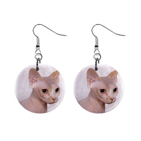 Bald Hairless Cat Sphynx 1" Round Button Dangle Earrings Jewelry 13894510