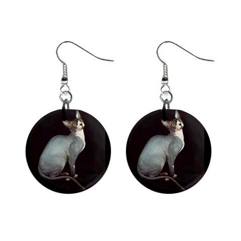 White Hairless Cat Sphynx 1" Round Button Dangle Earrings Jewelry 13894511
