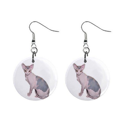 Sitting Hairless Cat Sphynx 1" Round Button Dangle Earrings Jewelry 13894583