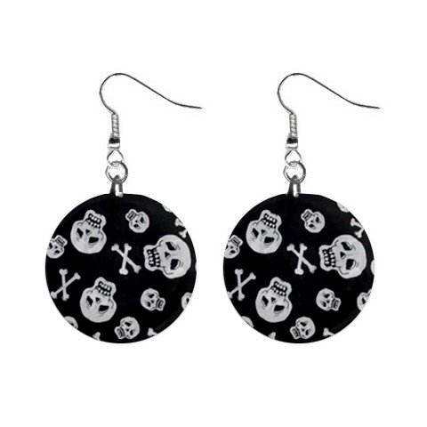 New Skull and Crossbones Goth Round Button Dangle Earrings Jewelry 13894590
