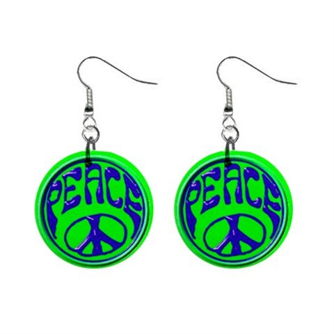 Green & Blue Peace Sign Dangle Button Earrings Jewelry 1 inch Round 14881813