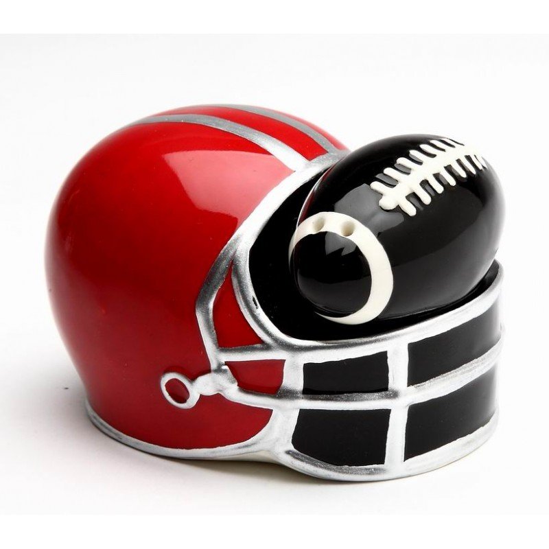 Small Black Football in Red Helmet Salt and Pepper Shakers