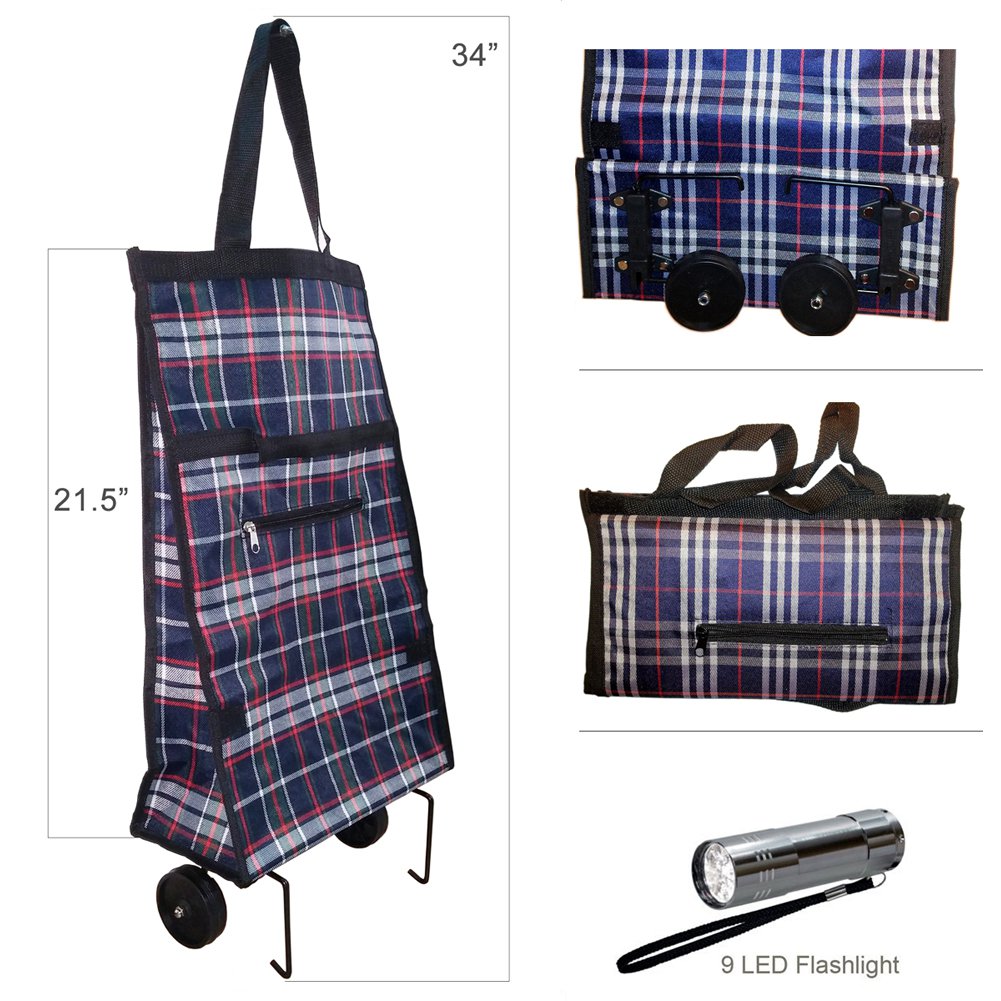 Foldable Shopping Cart Trolley Bag with Wheels & 9 LED Flashlight