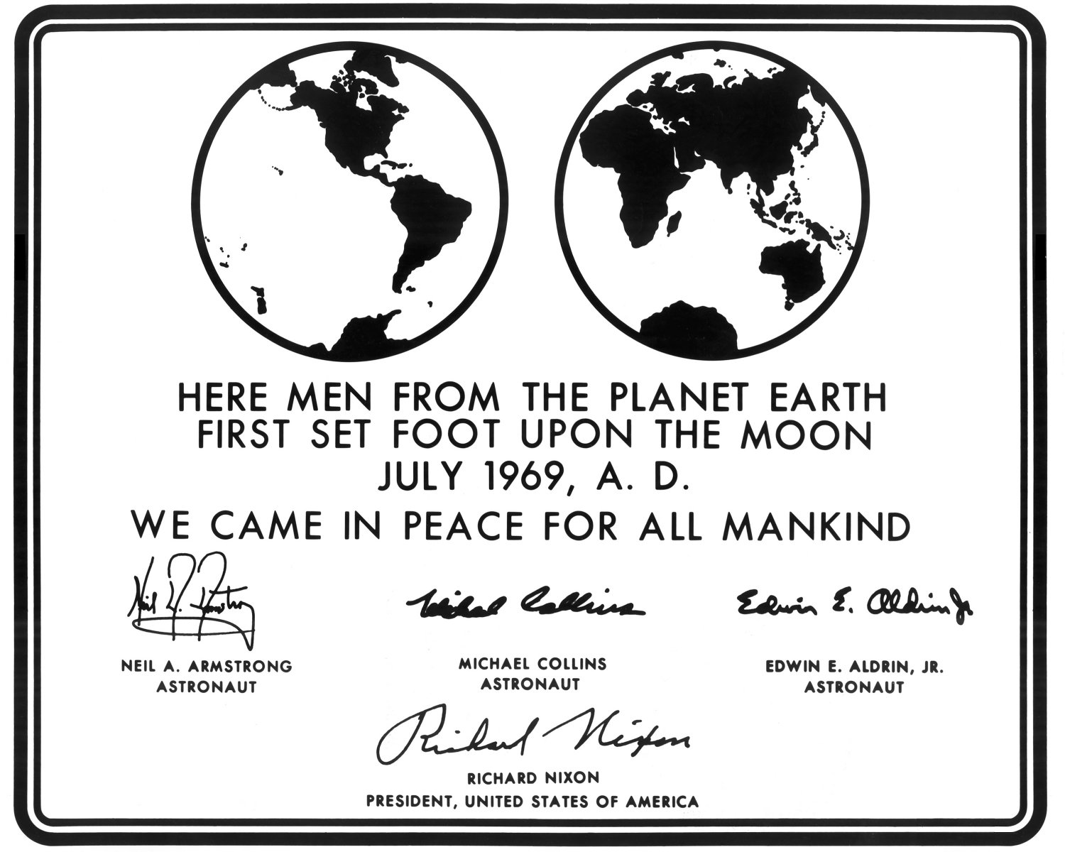 REPLICA OF PLAQUE LEFT ON MOON BY APOLLO 11 ASTRONAUTS 8X10 NASA PHOTO (CC-101)
