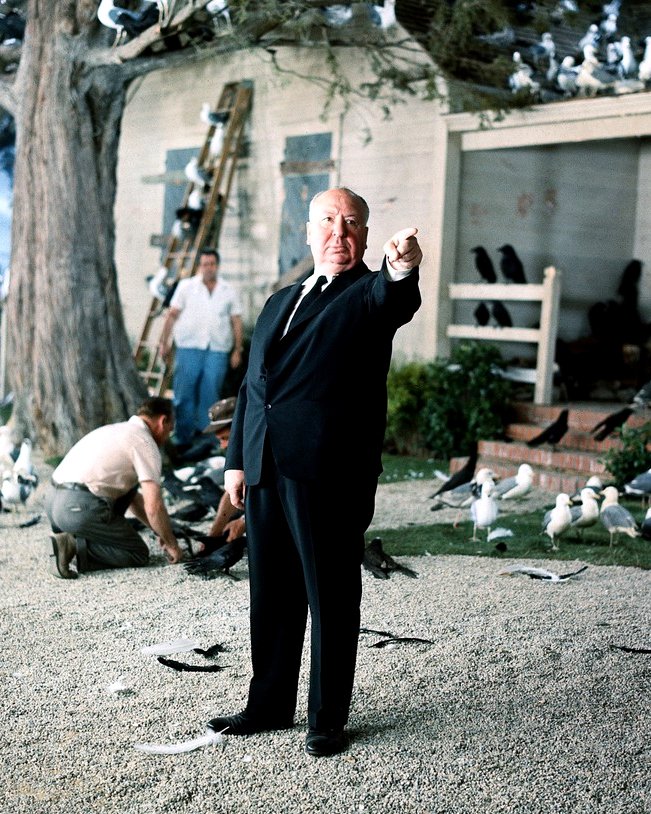 ALFRED HITCHCOCK ON THE SET OF 'THE BIRDS' - 8X10 PUBLICITY PHOTO (EE-044)