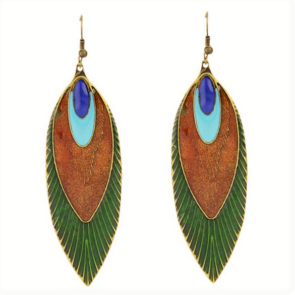 Fashion Bohemia Ethnic Multicolor Antique Brass Peacock Feather Long Drop Dangle Earrings