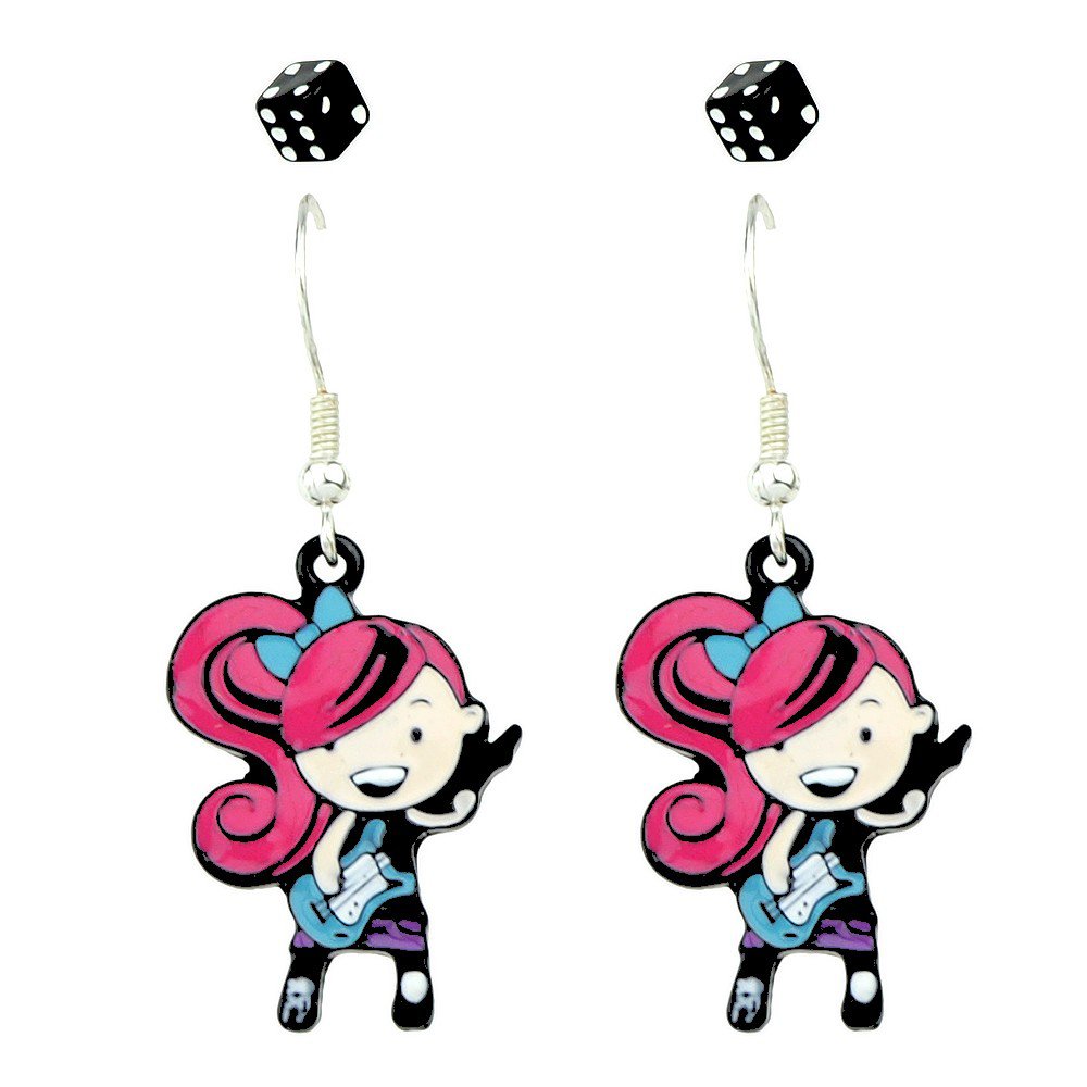 Fashion Rocking Roll Punk Multicolor Guitar Girl Two Dice Statement Drop Stud Earrings
