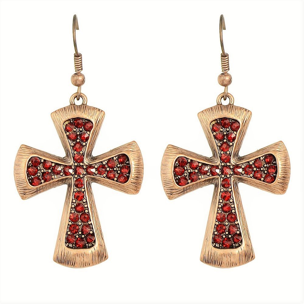Fashion Gypsy Vintage Antique Copper Red Crystal Rhinestone Cross Hoop Drop Earrings