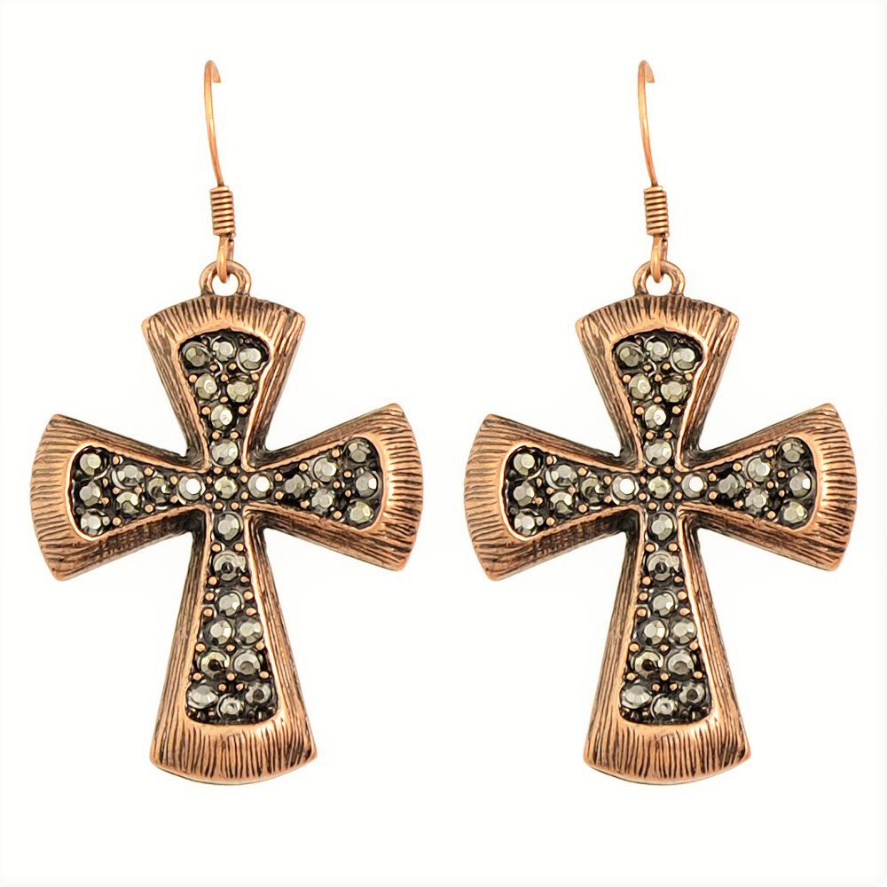 Fashion Gypsy Vintage Antique Copper Gun Black Crystal Rhinestone Cross Hoop Drop Earrings