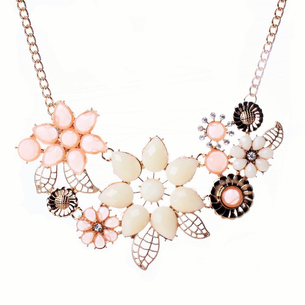 Elegant Bohemian 18K Gold Plated Multicolor Stone Beads Bauhinia Flowers Chunky Statement Necklace