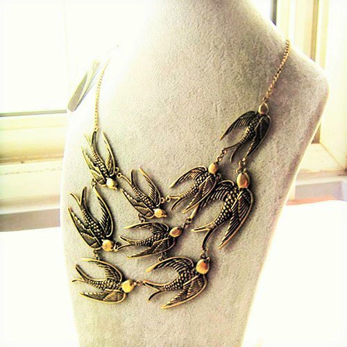 Boho Multilayer Vintage Antique Bronze Flying Swallows Sparrow Birds Pendant Bib Statement Necklace