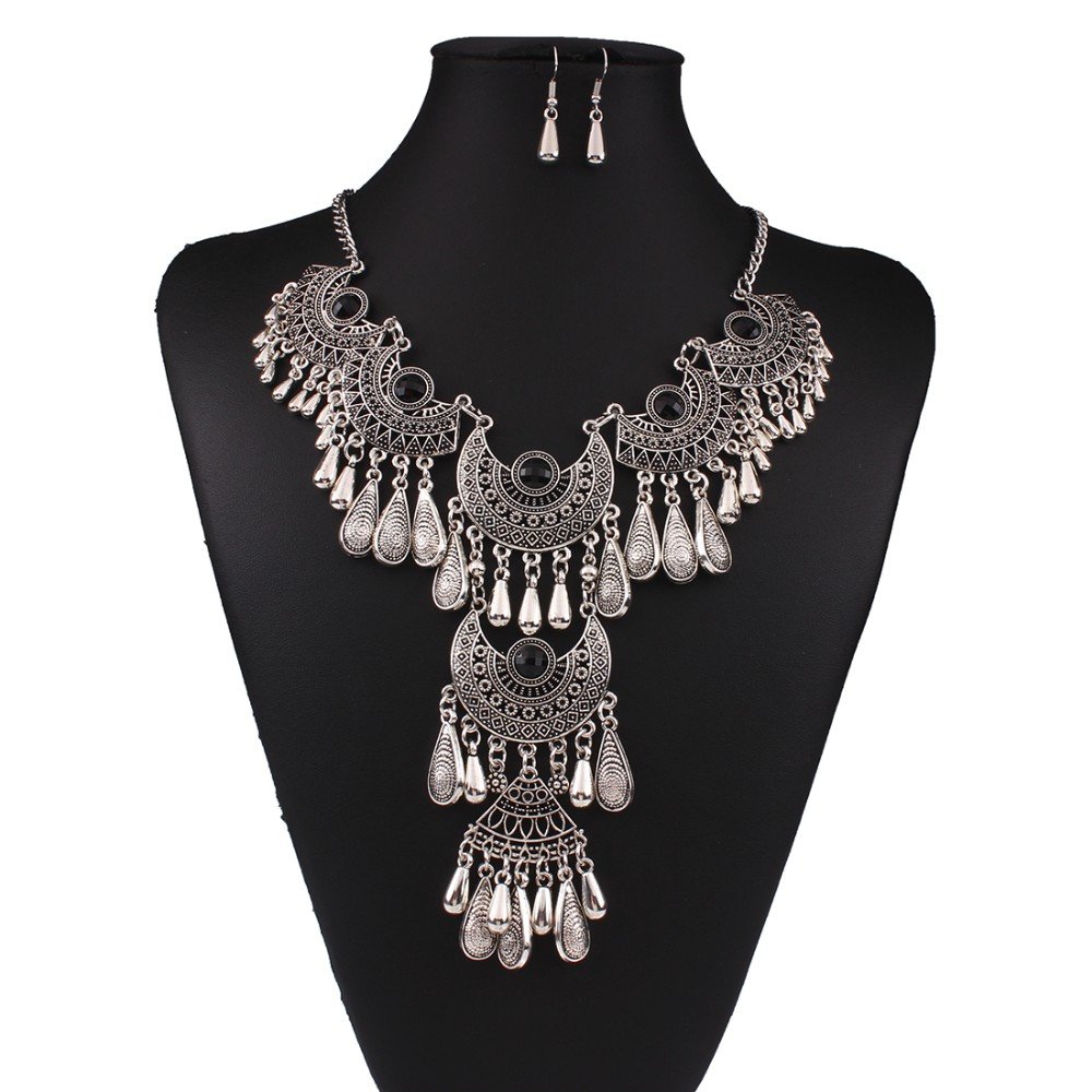Antique Silver Vintage Black Crystal Gypsy Indian Tassel Chandelier Bib Statement Drop Necklace Set