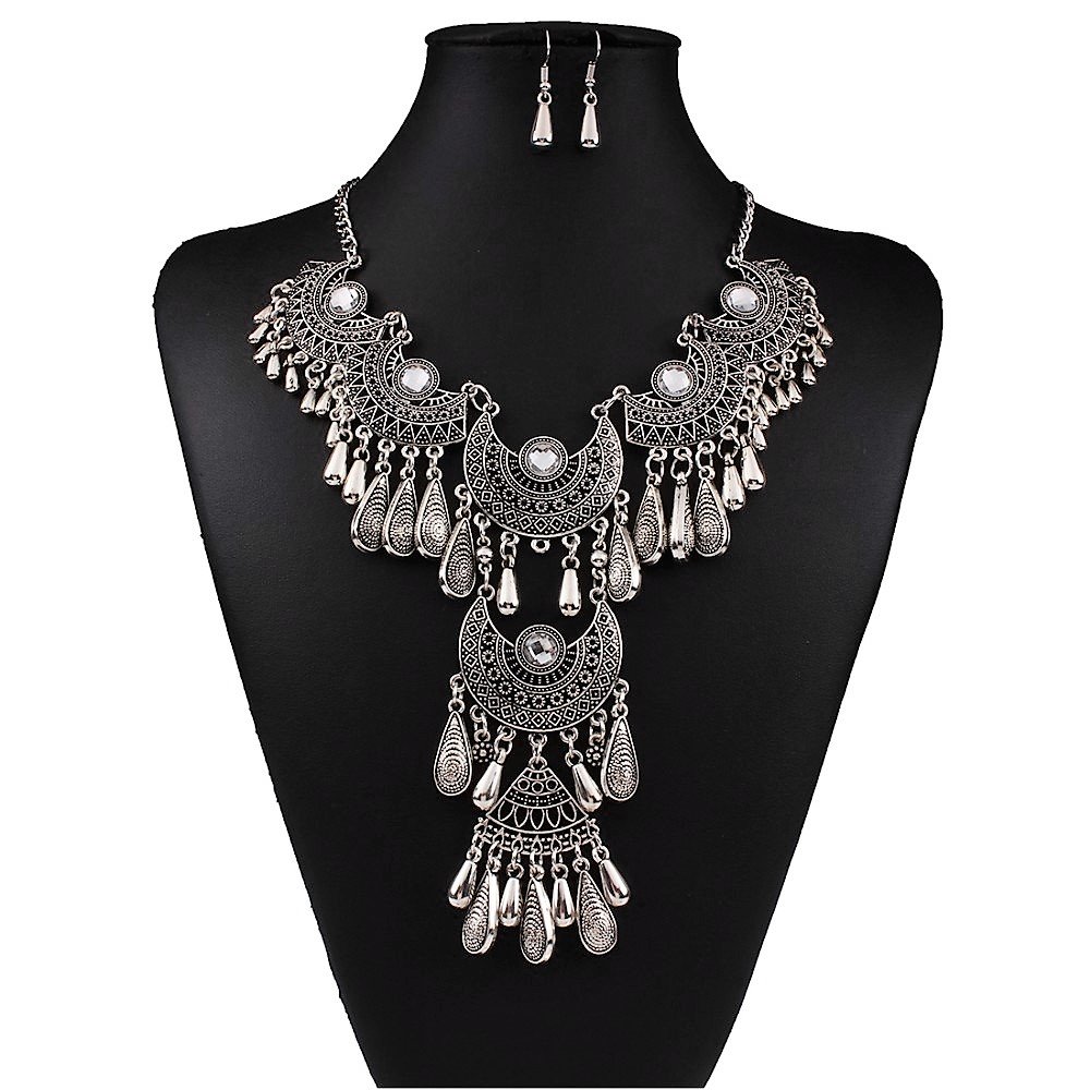 Antique Silver White Crystal Vintage Gypsy Indian Tassel Chandelier Bib Statement Drop Necklace Set