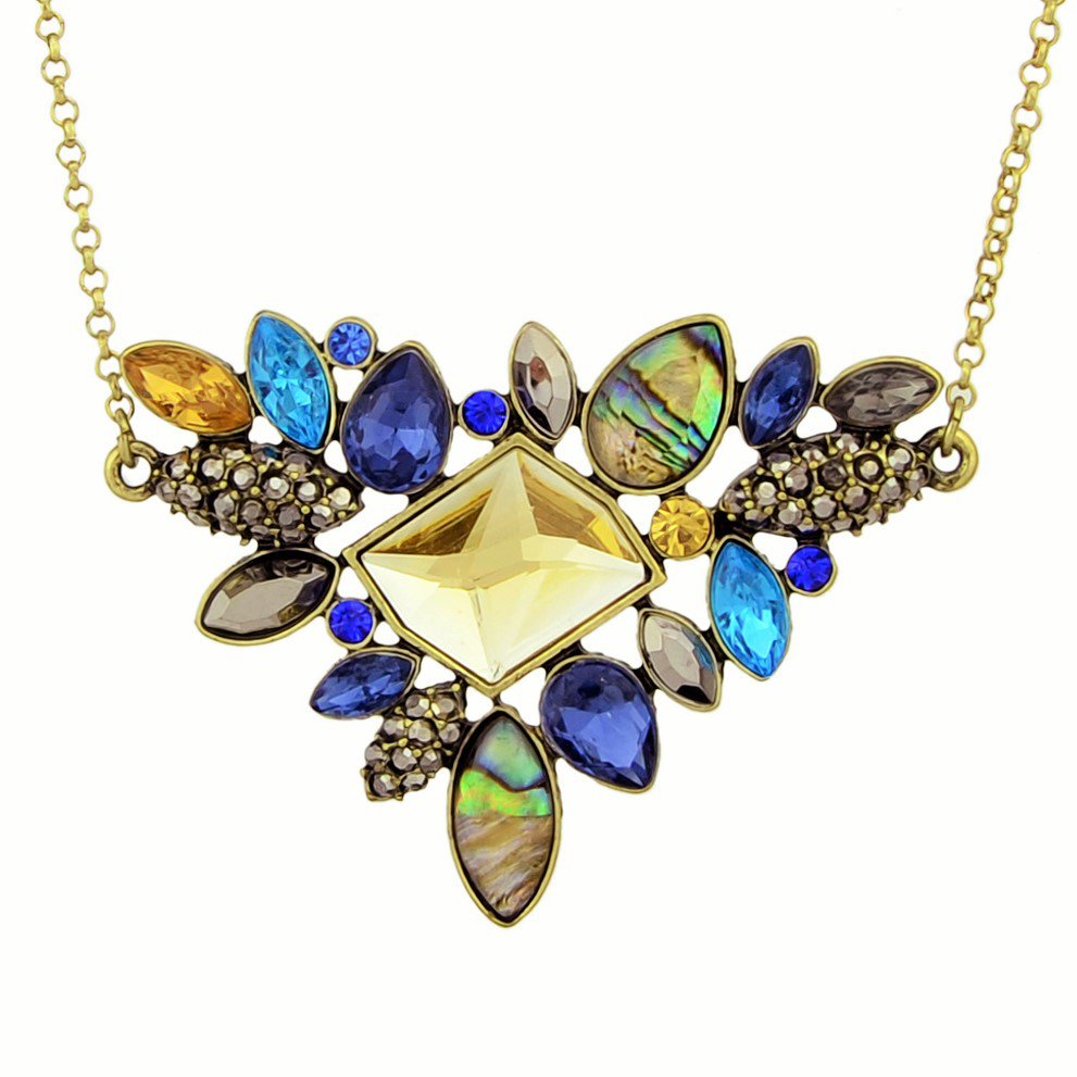 Elegant Boho Antique Gold Plated Multicolor Rhinestone Gemstones Flower Chain Statement Bib Necklace
