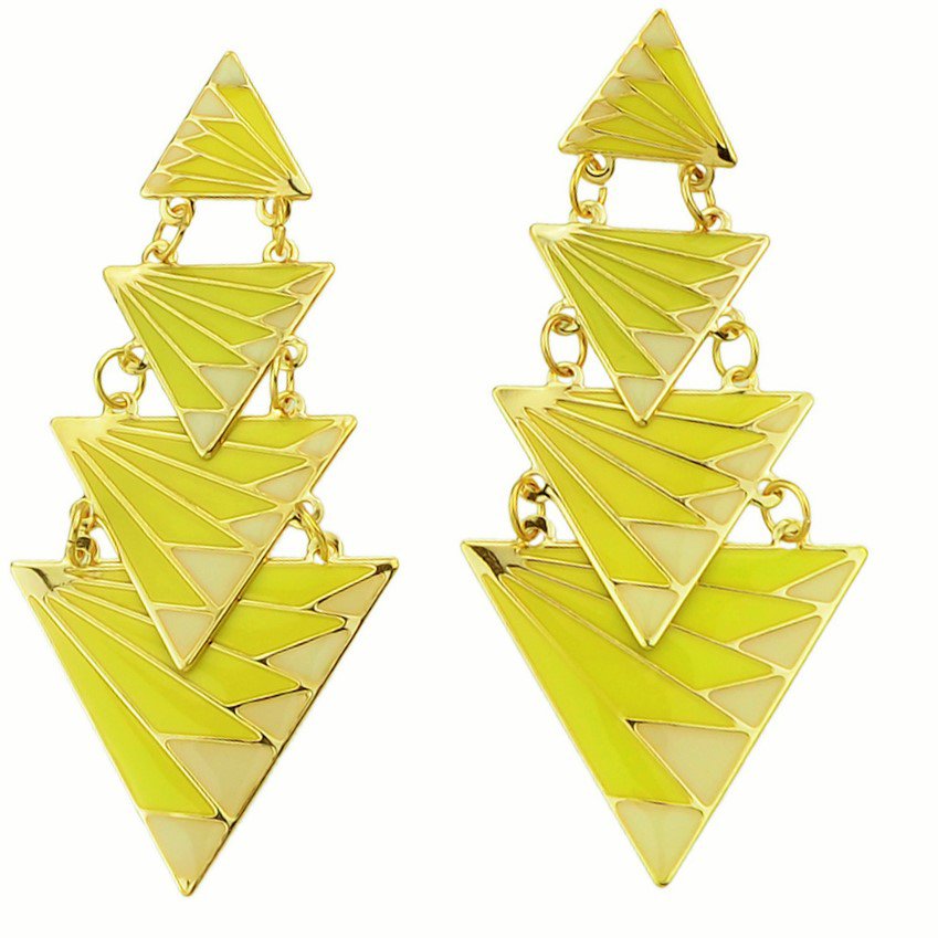 Gorgeous Boho Gold Plated Yellow Zig Zag Ethnic Printed Tiered Triangle Punk Drop Earrings