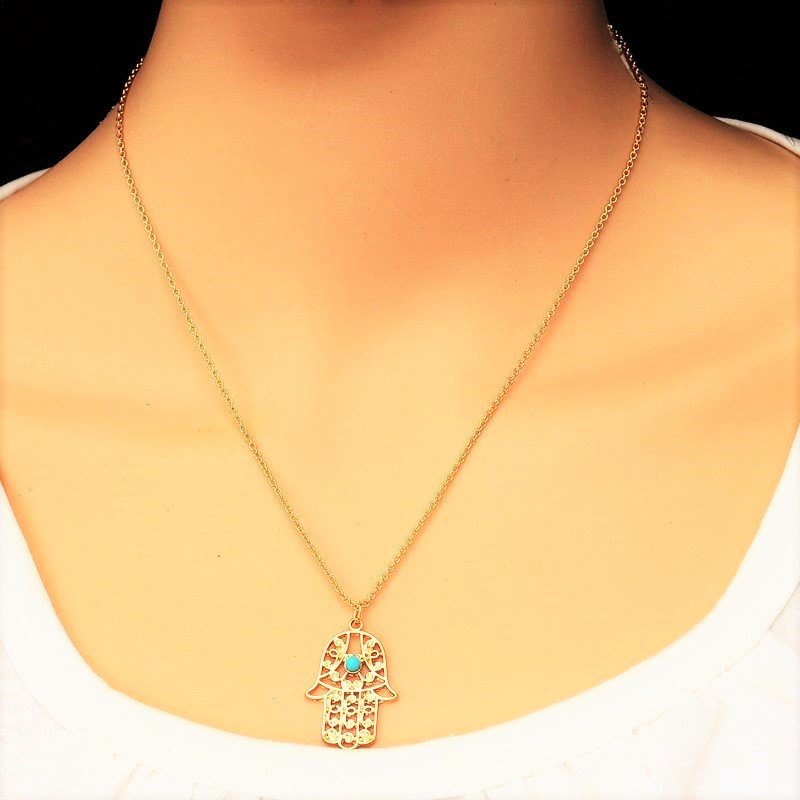 Boho Gold Plated Hamsa Hand Palm Turquoise Bead Long Chain Pendants Necklace
