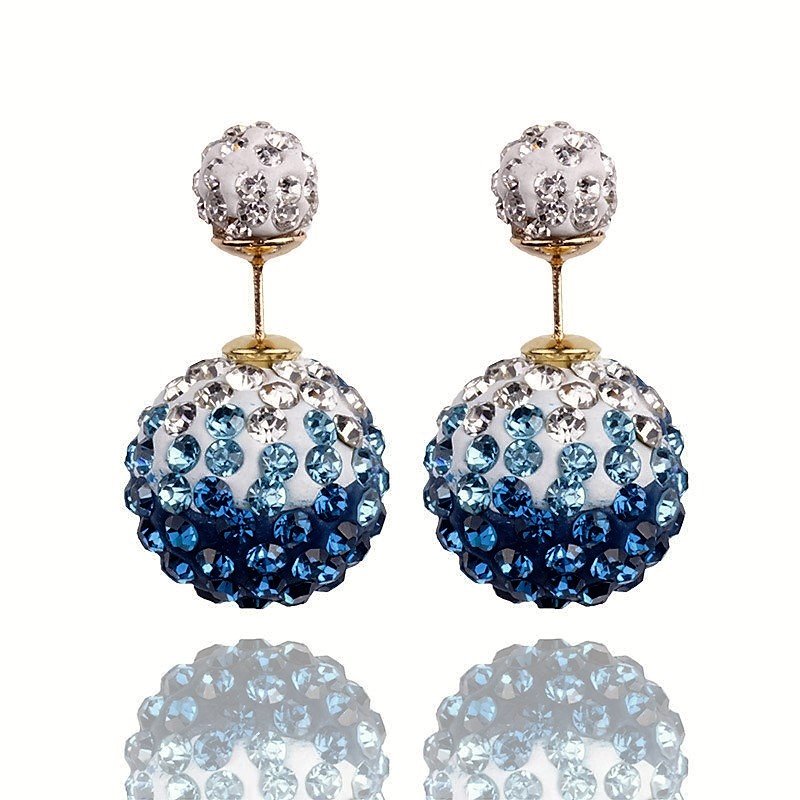 Elegant Stainless Steel Teal Rhinestone Disco Ball Shamballa Double Side Pearl Stud Earrings