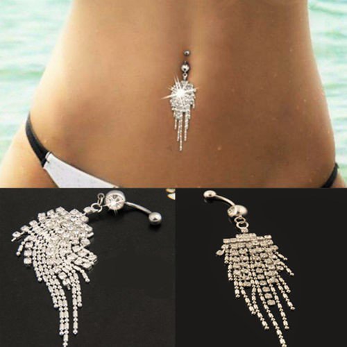 Sparkling Silver Plated Crystal Rhinestone Tassel Chain Dangle Body Piercing Navel Belly Button Ring