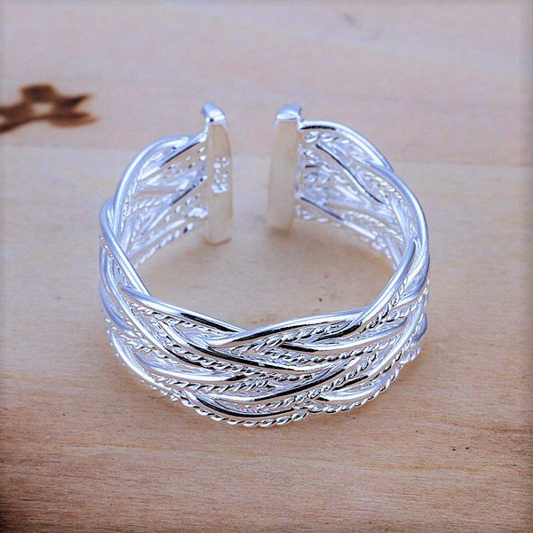 Elegant Classy 925 Sterling Silver Plated Small Open Net Weave Braided Hand Chain Bracelet Ring