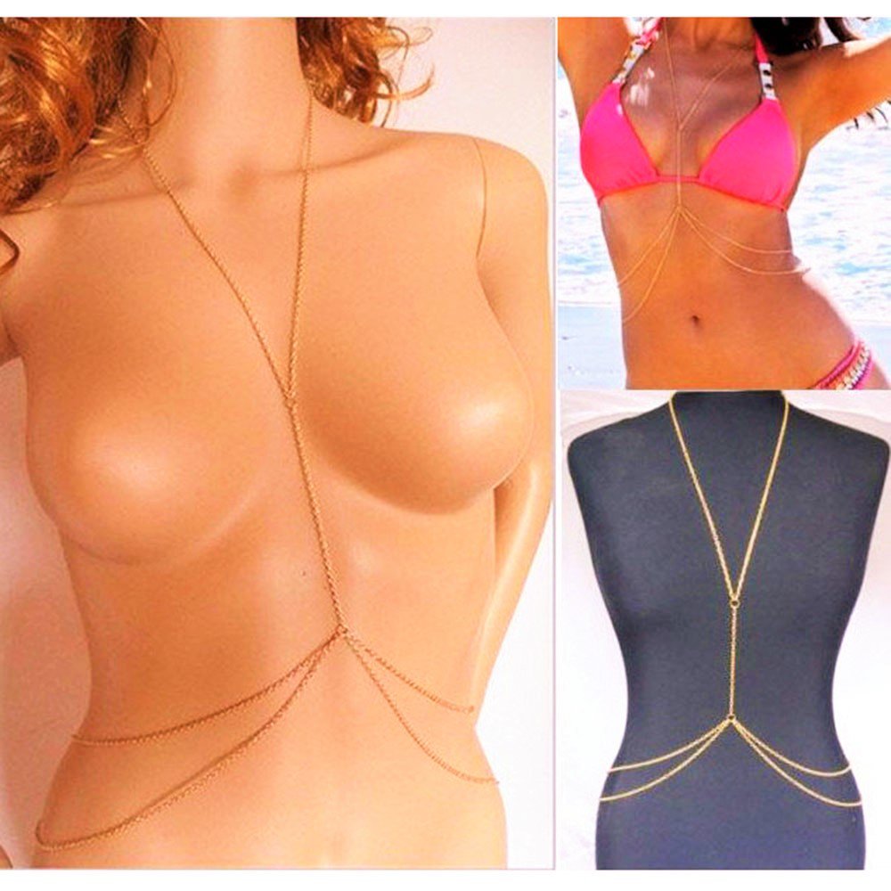 Sexy Boho Crossover Gold Plated Double Body Belly Waist Chain Bikini Beach Harness Necklace