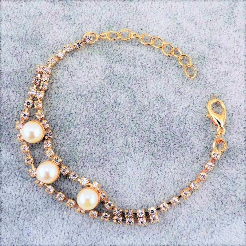 Elegant Pearl Crystal Rhinestone 18K Gold Plated Chain Link Indian Bangle Bracelets