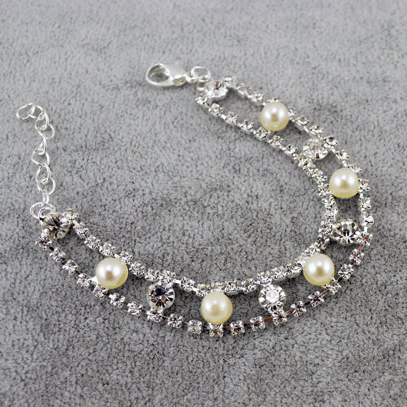 Elegant Pearl Crystal Rhinestone 18K Silver Plated Chain Link Indian Bangle Bracelets