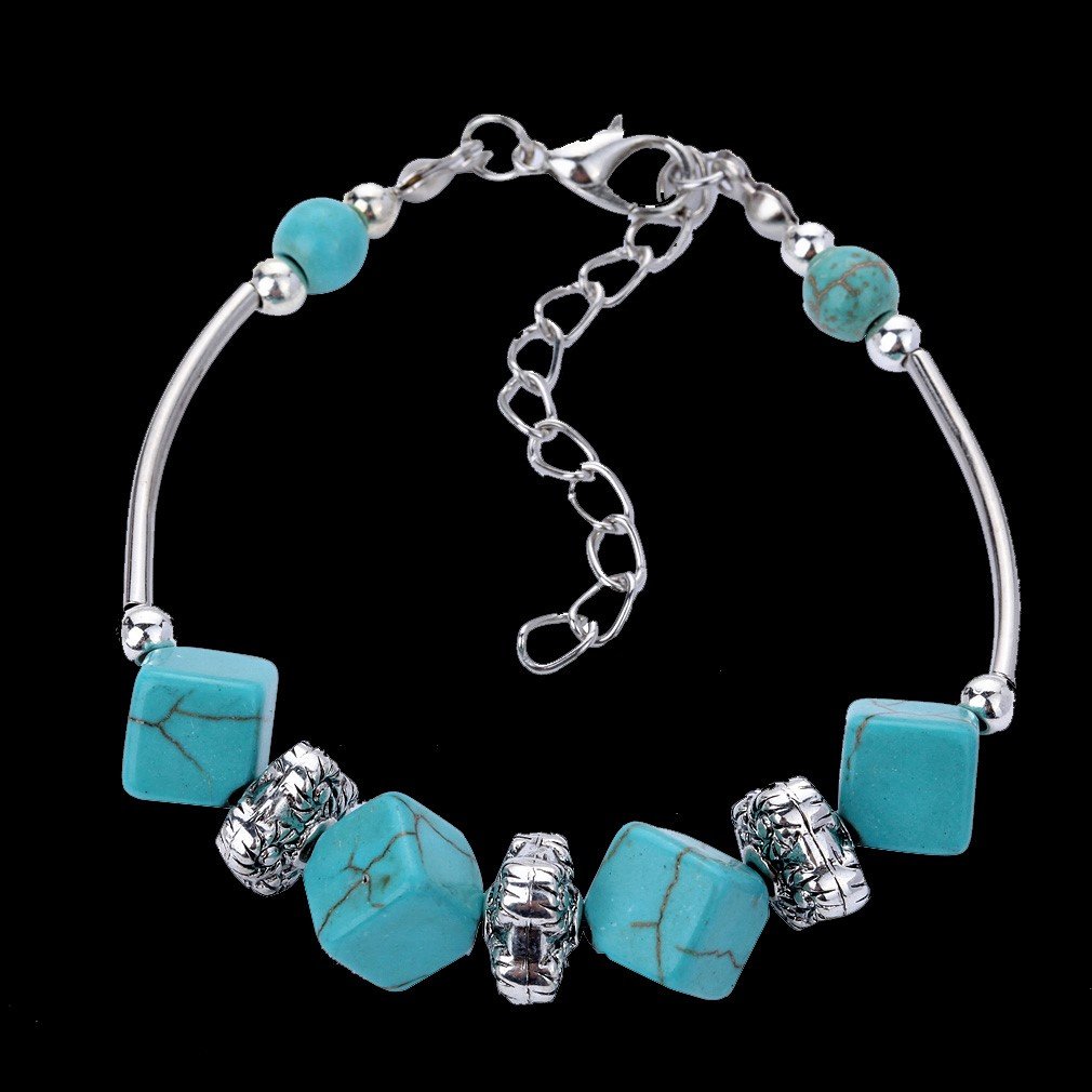 Aztec Ethnic Tribal Tibetan Silver Turquoise Square Cube Beads Stone Charm Bracelet