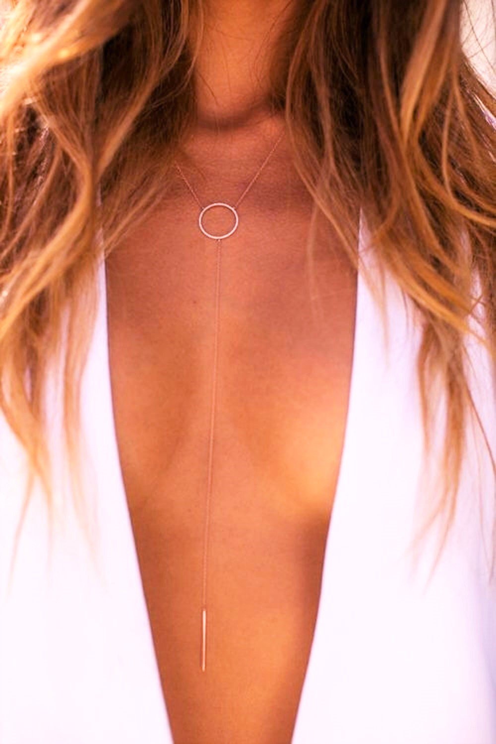 Simply Elegant Gold Plated Circle Long Bar Stick Chain Lariat Style Pendant Necklace