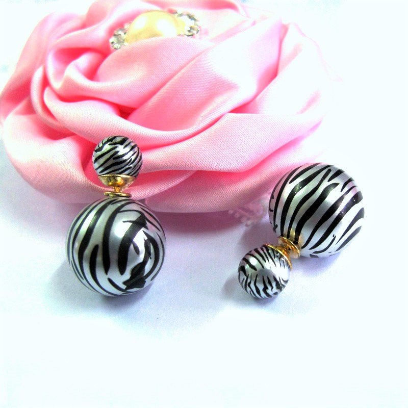 Chic Fashion Ethnic Tribal Zebra Stripe Printed Double Opal Ball Pearl Front Back Stud Earrings