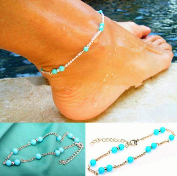 Boho Ethnic Tribal Turquoise Seed Beads Sterling Silver Plated Chain Anklet Ankle Foot Bracelet