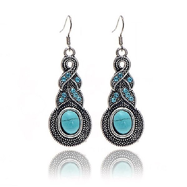 Bohemian Ethnic Tribal Tibetan Silver Rhinestone Turquoise Warp Teardrop Pendant Drop Earrings