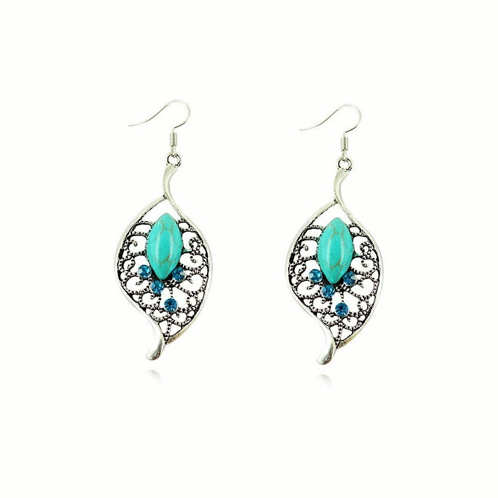 Boho Vintage Ethnic Tribal Tibetan Stainless Steel Silver Turquoise Crystal Leaf Inlay Drop Earrings