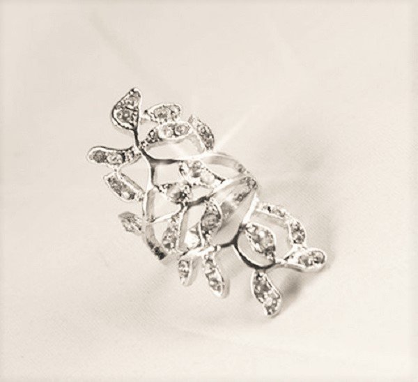 Greek Goddess Silver Plated Sparkling Rhinestone Stainless Steel Long Branch Leaf Knuckle Wrap Ring