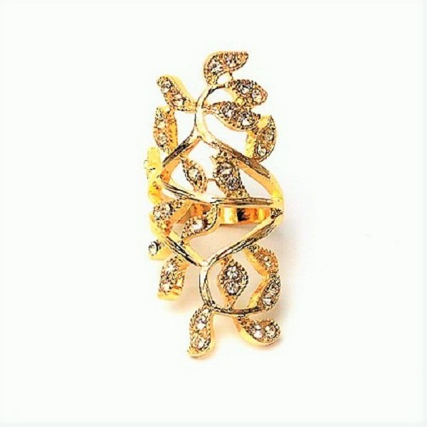 Greek Goddess Gold Plated Sparkling Rhinestone Stainless Steel Long Branch Leaf Knuckle Wrap Ring