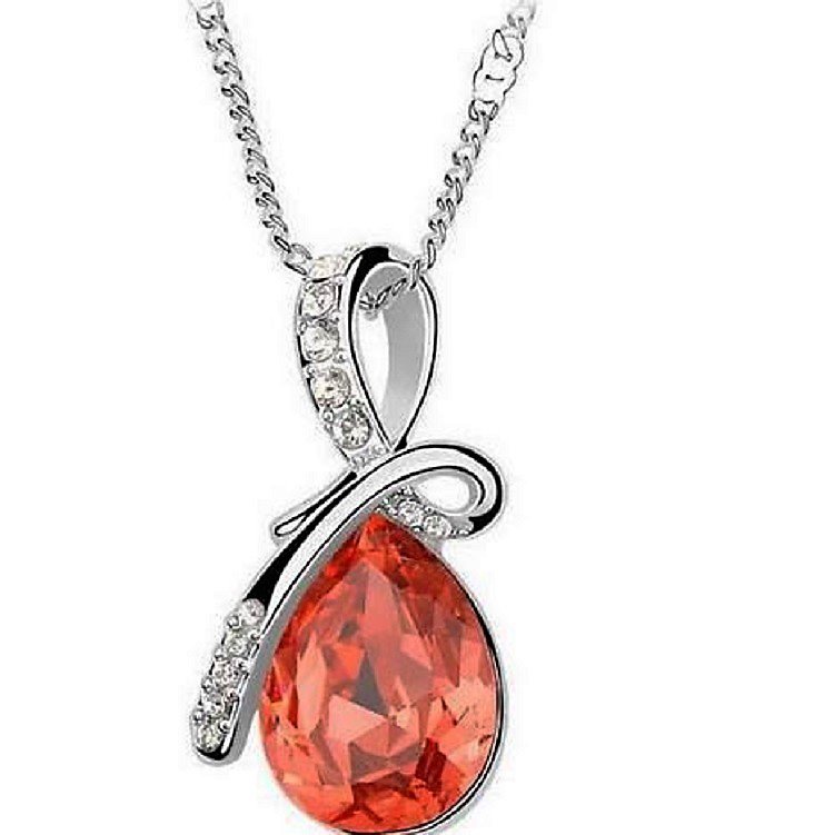 Romantic Sterling Silver Red Swarovski Crystal Diamond Angel Tear Water Drop Pendant Necklace