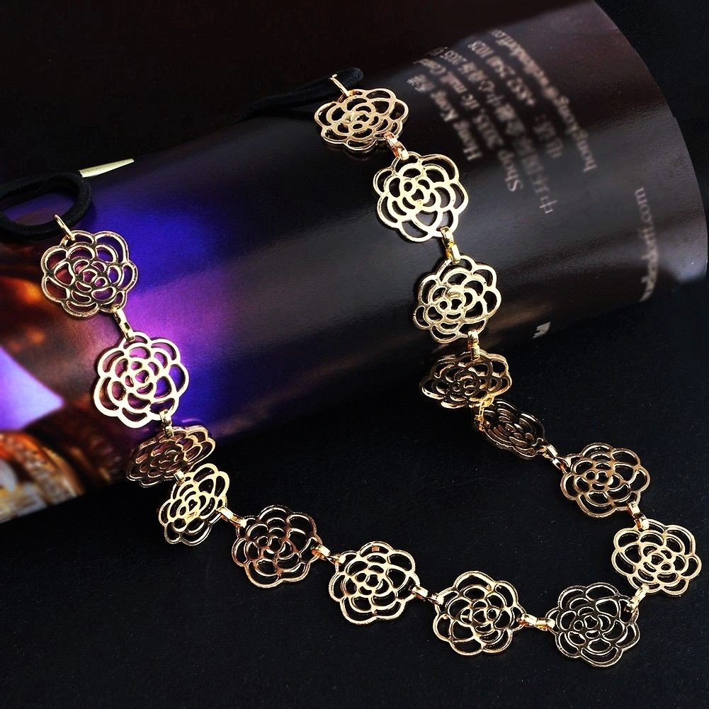 Fashion Chic Bohemian Gold Plated Rose Flower Metallic Hollow Elastic Hair Band Headband