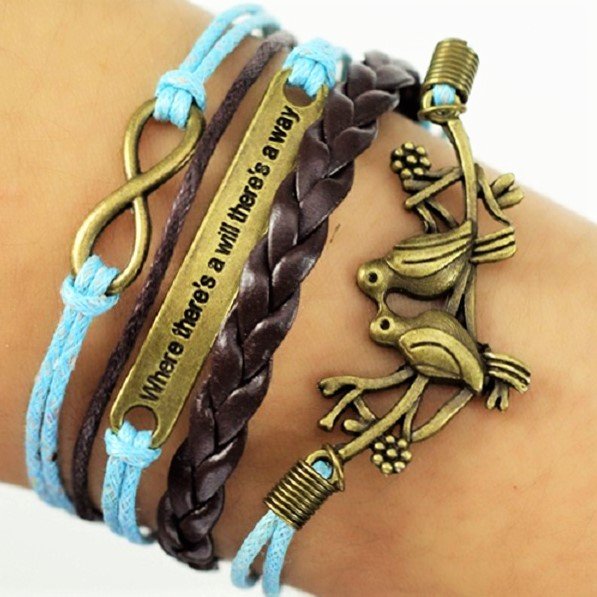 Boho Multi-Layer Handmade Infinity Birds Love birds Leather Wrap Bangle Bracelet