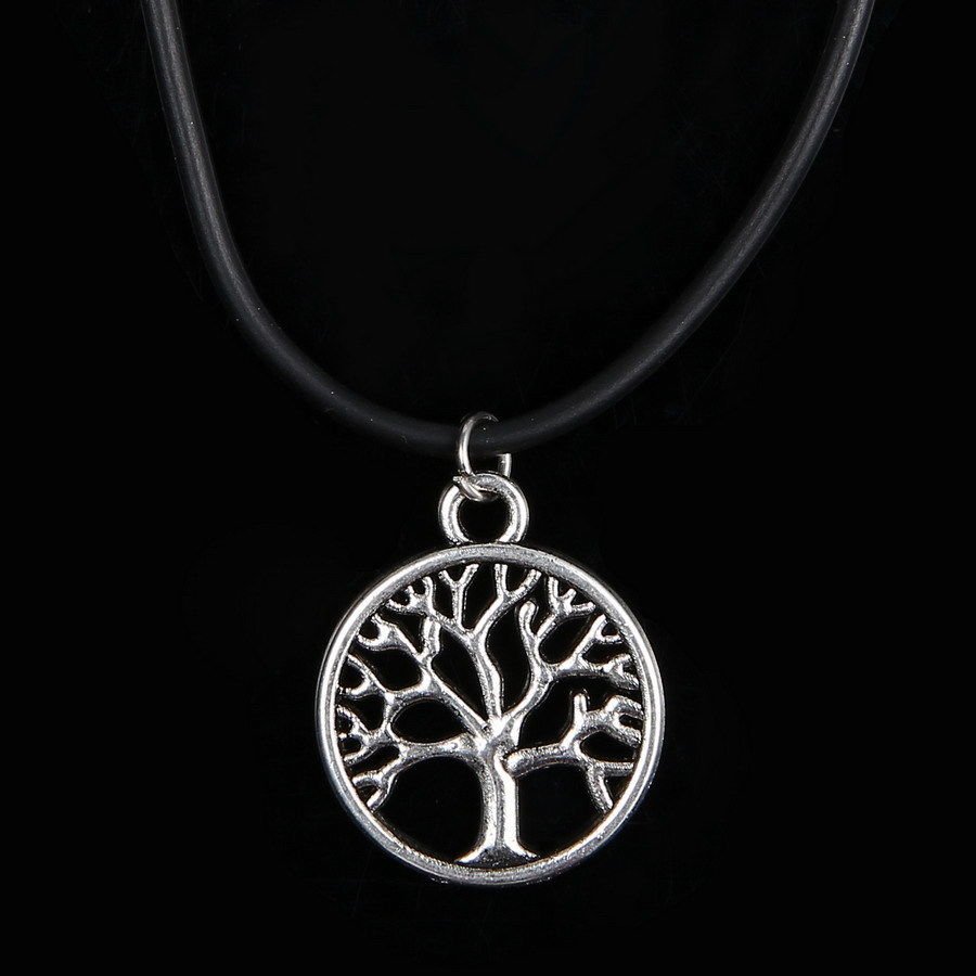 Fashion Vintage Tibetan Silver Plated Black Leather Cord Family Tree of Life Charm Pendant Necklace