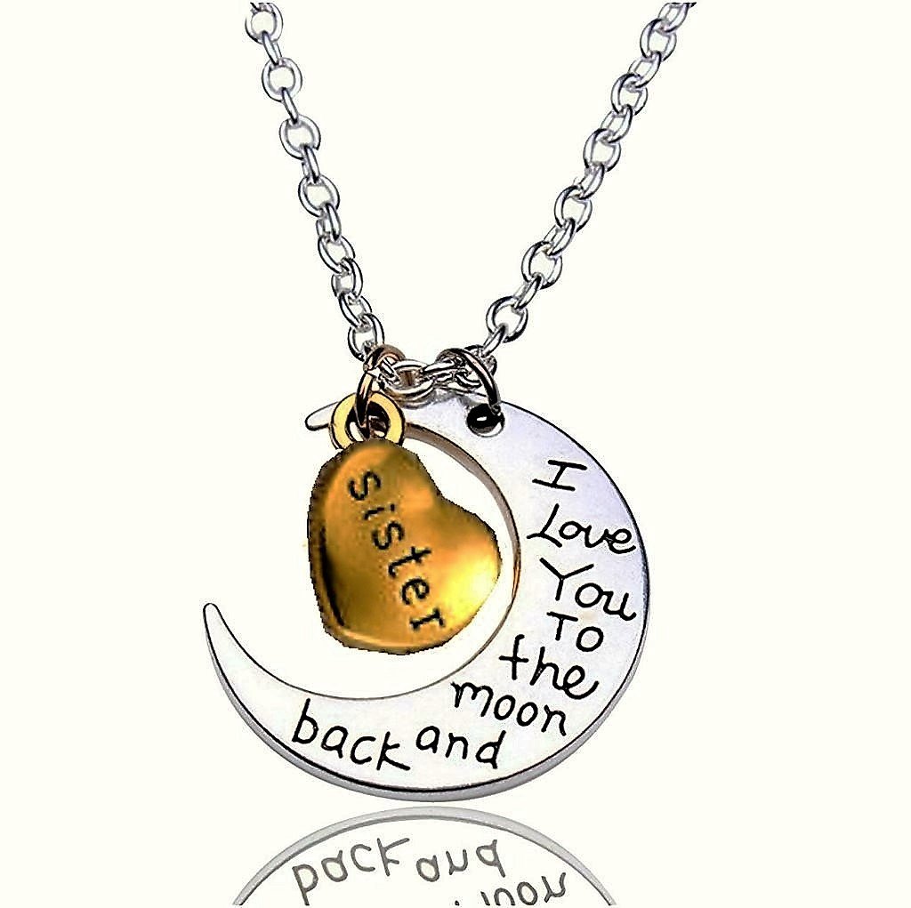 Engravement Family Message “I Love You To The Moon and Back†Antique Silver/Gold Sister Necklace