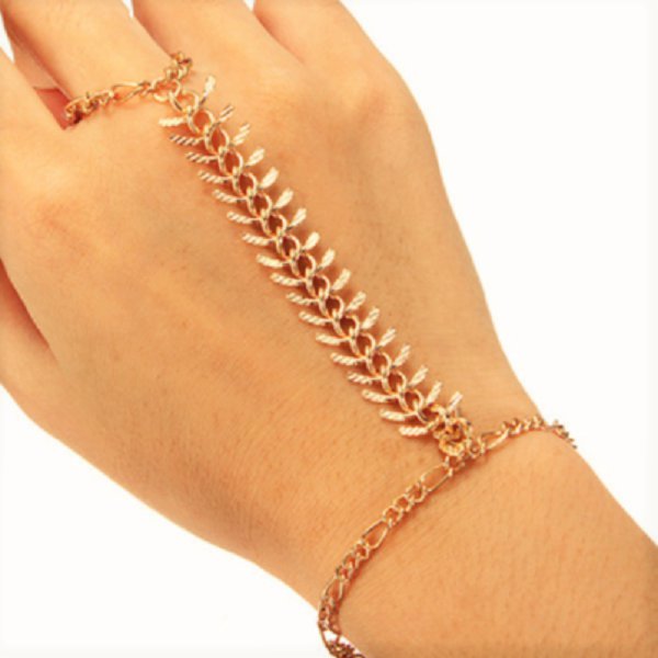 Chic Boho Gold Plated Slave Finger Ring Fish Bone Rib Wrist Link Chain Cuff Bangle Bracelet