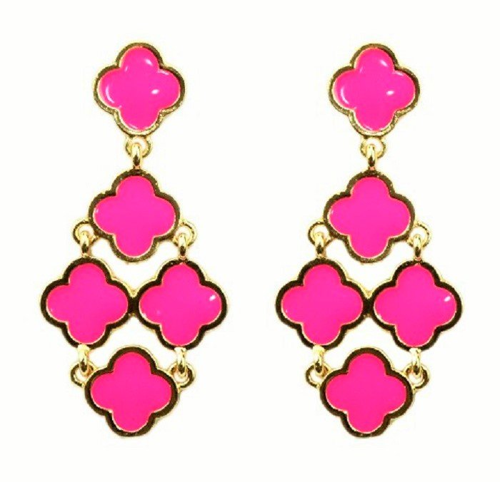 Chic Bohemian Gold Plated Chandelier Hot Pink Clover Flower Drop Dangle Earrings