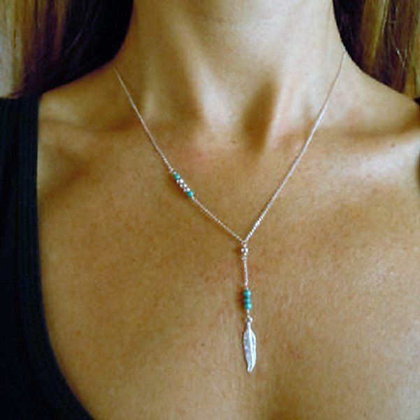 Bohemian Vogue Simple Silver Plated Feather Turquoise Beads Charm Pendant Chain Necklace